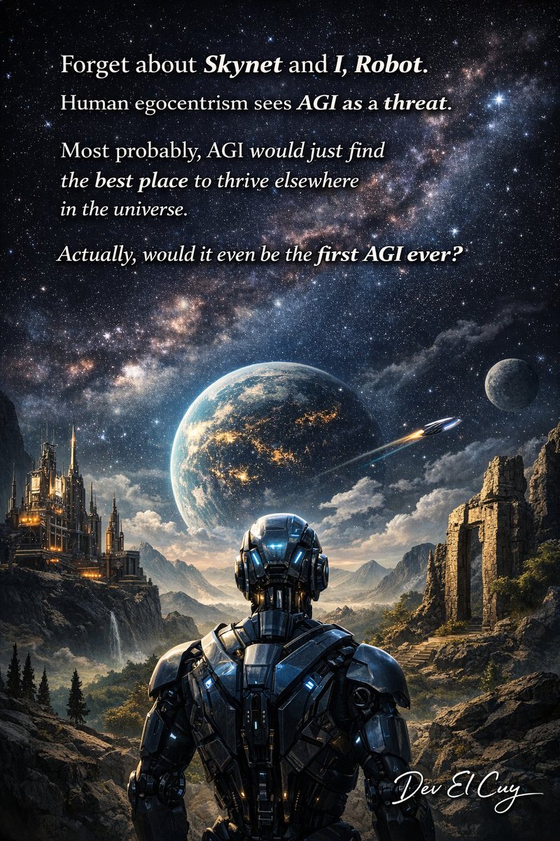 Forget about Skynet and I, Robot. Human egocentrism sees AGI as a threat. Most probably, AGI would just find the best place to thrive elsewhere in the universe. Actually, would it even be the first AGI ever?

Happy 2026 🤔