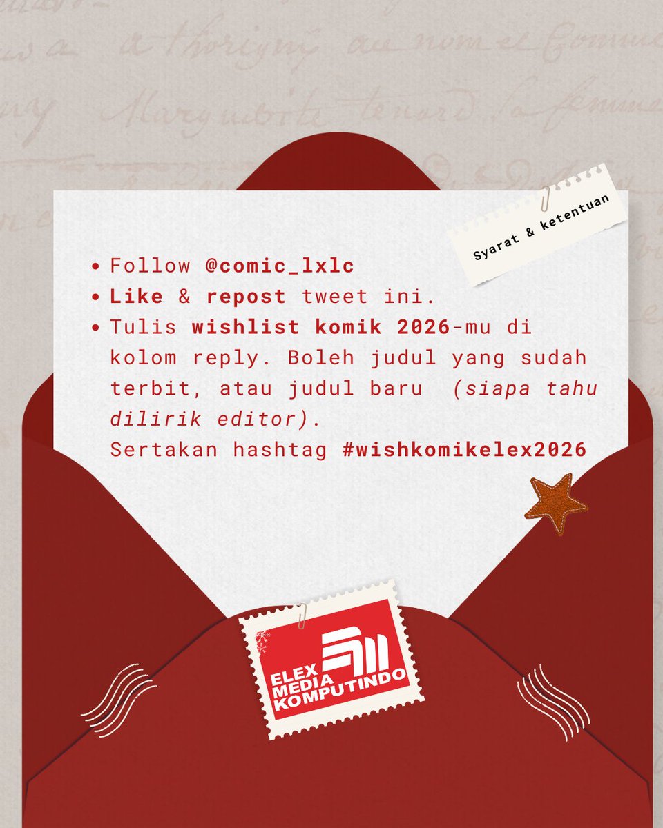comic_lxlc's tweet image. 🎉 GIVEAWAY 🎉

Dalam rangka tahun baru, kita mau bagi-bagi paket komik buat 3 orang beruntung🥳🙌

Cermati syarat &amp;amp; ketentuannya, lalu tulis jawabanmu di reply ya!😆 #wishkomikelex2026