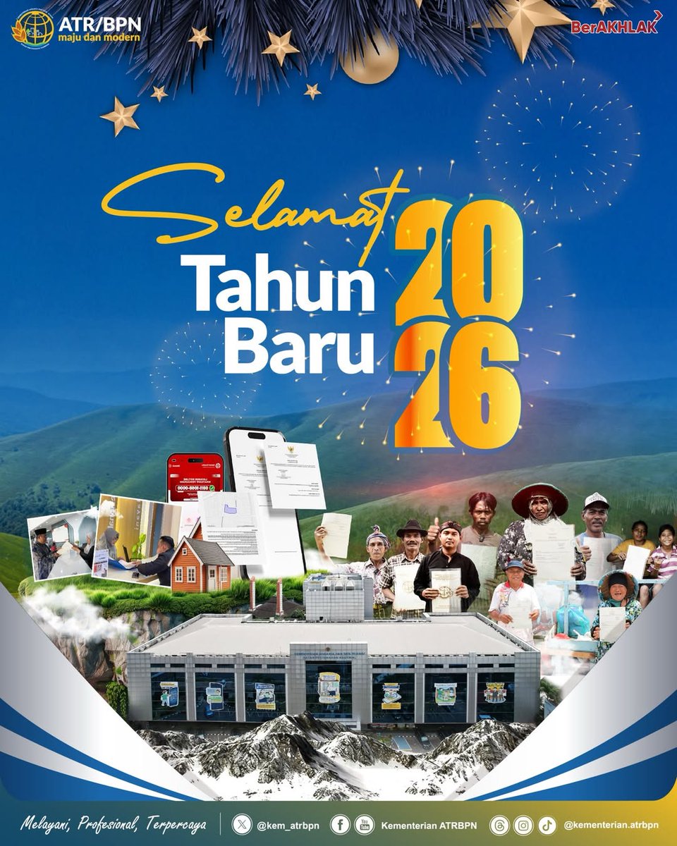 Segenap jajaran Kementerian ATR/BPN mengucapkan Selamat Tahun Baru 2026🎉 Mari kita memberikan sambutan hangat pada tahun yang akan datang, bersama kita rayakan dengan keluarga, dan orang yang tersayang.