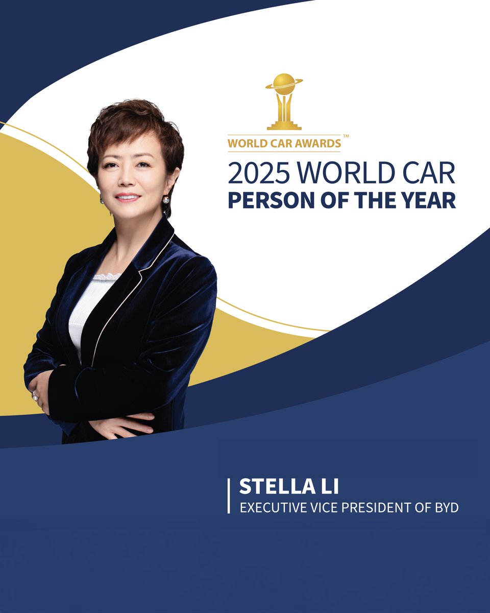 BYDCompany's tweet photo. A defining moment for BYD’s global leadership in 2025. 

Stella Li, Executive Vice President of BYD, was named World Car Person of the Year 2025, recognizing her role in guiding BYD through a landmark period of global growth, innovation, and industry influence. 

The honor reflects not only Stella Li’s vision and leadership, but also the work of 110,000 BYD R&D engineers driving breakthroughs in electric and Super Hybrid DM-i technology—helping bring sustainable mobility to more people around the world. 

This recognition marked a proud milestone for BYD and its impact on the global automotive industry.