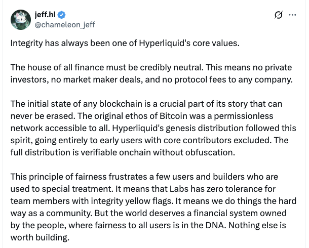 🔴COINTELGRAPH: "🚨 NOVITÀ: Il fondatore di Hyperliquid, Jeff, ribadisce l'impegno del protocollo per la neutralità credibile senza investitori privati né commissioni"