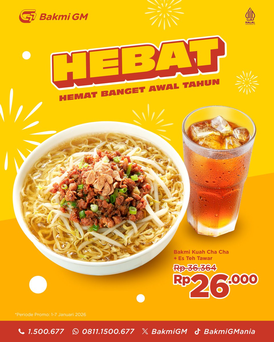 GManiaaa~ saatnya nikmatin Promo HEBAT Hemat Banget Awal Tahun 😆

Cuma 26rb udah dapet lengkap! GMania bisa nikmatin Bakmi Kuah Cha Cha plus es teh tawar, lohh 😆🍜

Yuk mampir ke Bakmi GM terdekat sekarang 🔥
