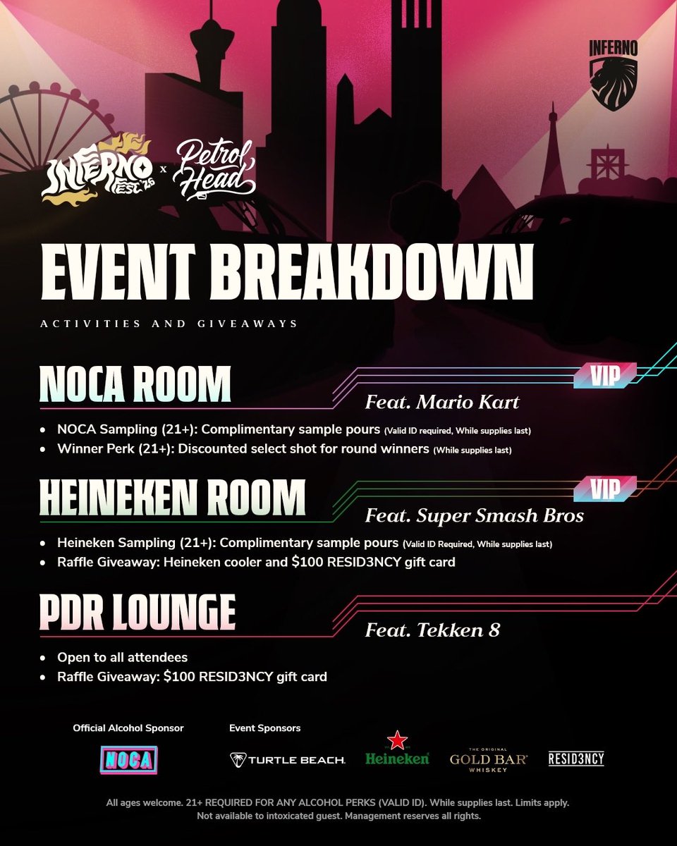 InfernoCulture's tweet photo. LAS VEGAS!!!! INFERNOFEST featuring Industry Night Petrol Head IS 2 DAYS AWAY!! Here is the event breakdown that you NEED TO KNOW! 

@DrinkNoca Room will feature Mario Kart (VIP ONLY)
• NOCA Sampling (21+): Complimentary sample pours (Valid ID required, While supplies last)
• Winner Perk (21+): Discounted select shot for round winners (While supplies last)

@Heineken_US room featuring Super Smash Bros (VIP ONLY)
• Heineken Sampling (21+): Complimentary sample pours (Valid ID Required, While supplies last)
• Raffle Giveaway: Heineken cooler and $100 @resid3ncy gift card

PDR Lounge featuring Tekken 8
• Open to all attendees
• Raffle Giveaway: $100 @resid3ncy gift card 

Official Alcohol Sponsor: @DrinkNoca 
Official Event Sponsors: @TurtleBeach @goldbarwhiskey @resid3ncy @Heineken_US 

No Purchase Required for Entry. VIP still available here: https://t.co/RQY7zyDI4f

All ages welcome. 21+ REQUIRED FOR ANY ALCOHOL PERKS (VALID ID). While supplies last. 

Limits apply. Not available to intoxicated guest. Management reserves all rights.