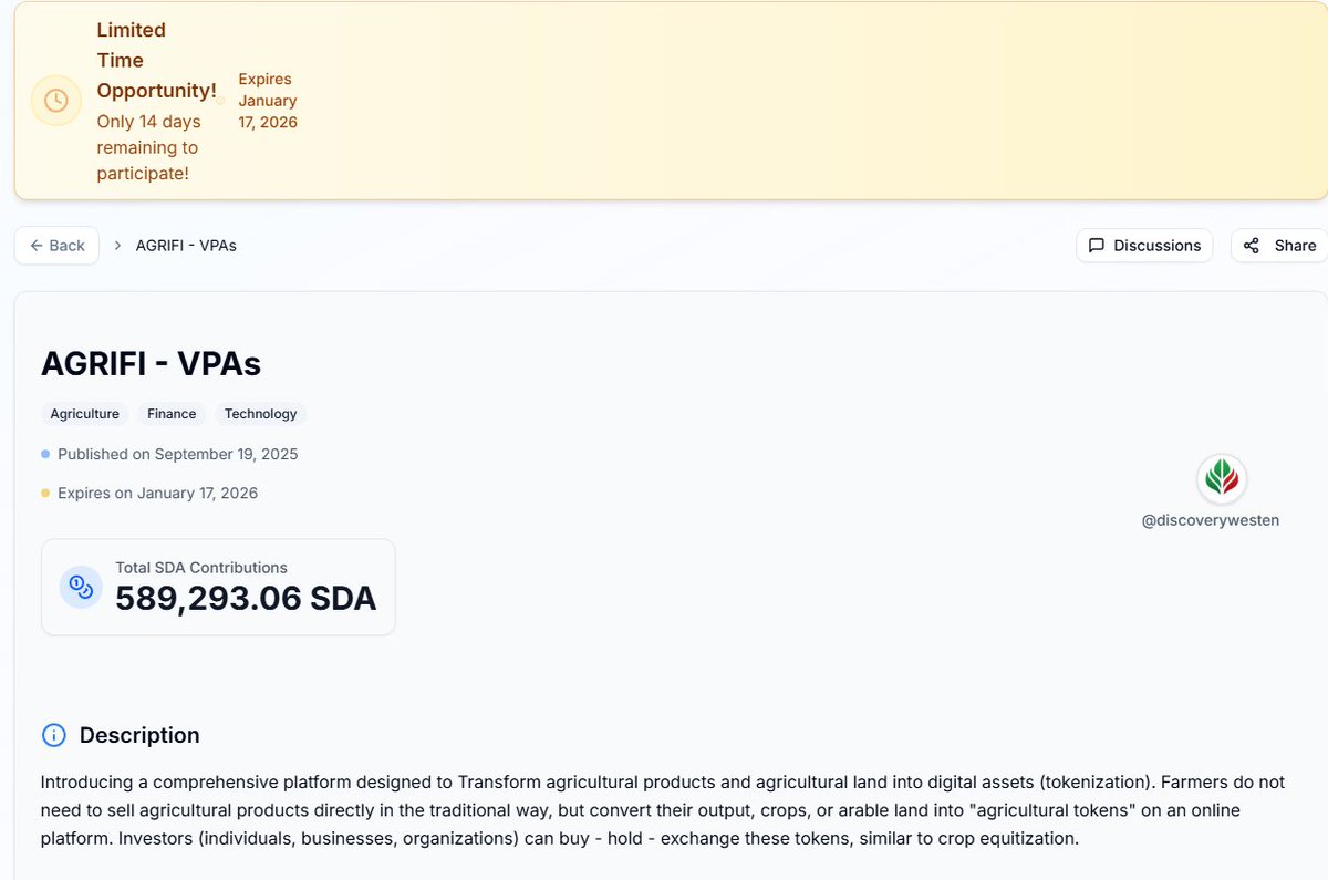 nguyenky201288's tweet image. Happy New Year!
The AGRIFI-VPAs project has 14 days left. This is an opportunity to contribute for anyone interested and with a vision for the Sidra chain ecosystem and digital agriculture.

Project link:
sidrastart.com/project/bac870…
#VPAG
#VPAs