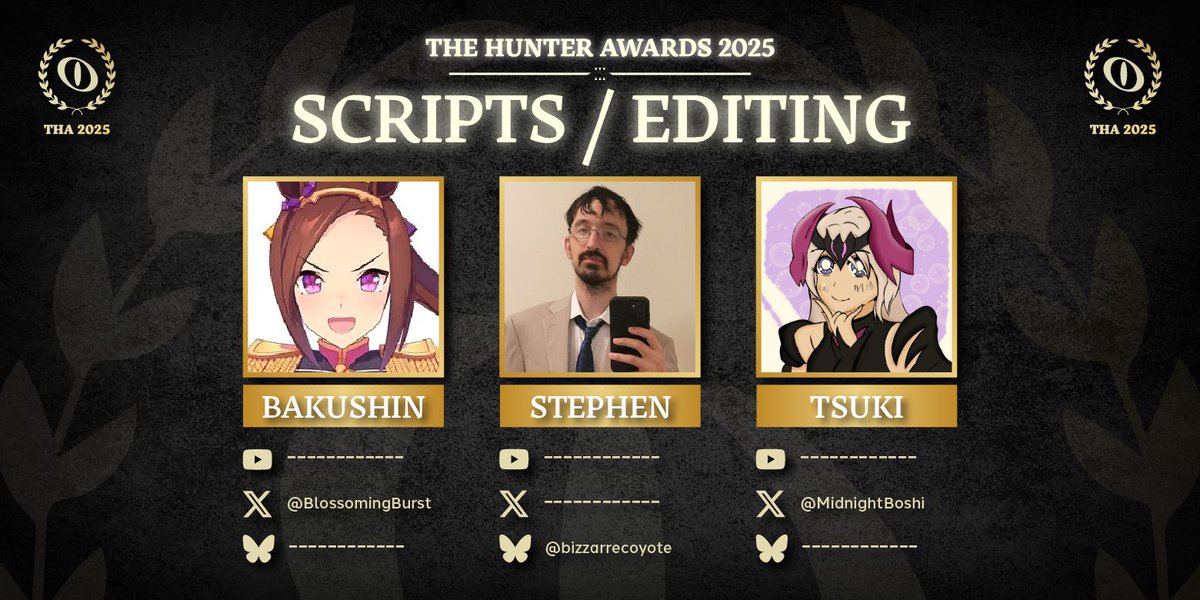 MonHunAwards's tweet image. With our announcers, we also need scripts to go along with them, and our wonderful scriptwriters were behind the writing and proofreading! 📝

@BlossomingBurst 
Stephen
@MidnightBoshi
