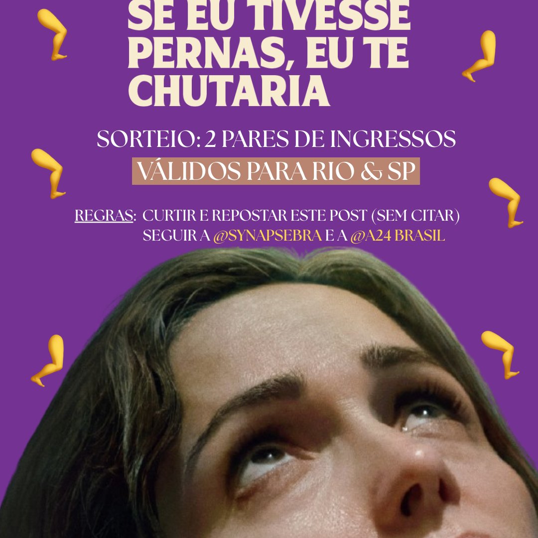 A24Brasil's tweet image. 🚨 SORTEIO! Vamos sortear 2 PARES DE INGRESSOS para o filme SE EU TIVESSE PERNAS, EU TE CHUTARIA.

REGRAS:
👉 Curtir e dar RT neste post (sem citar);
👉 Marcar um amigo;
👉 Seguir @A24Brasil e @synapsebra.
 
O sorteio será realizado dia 04/01. Válido para as cidades de SP e RJ.