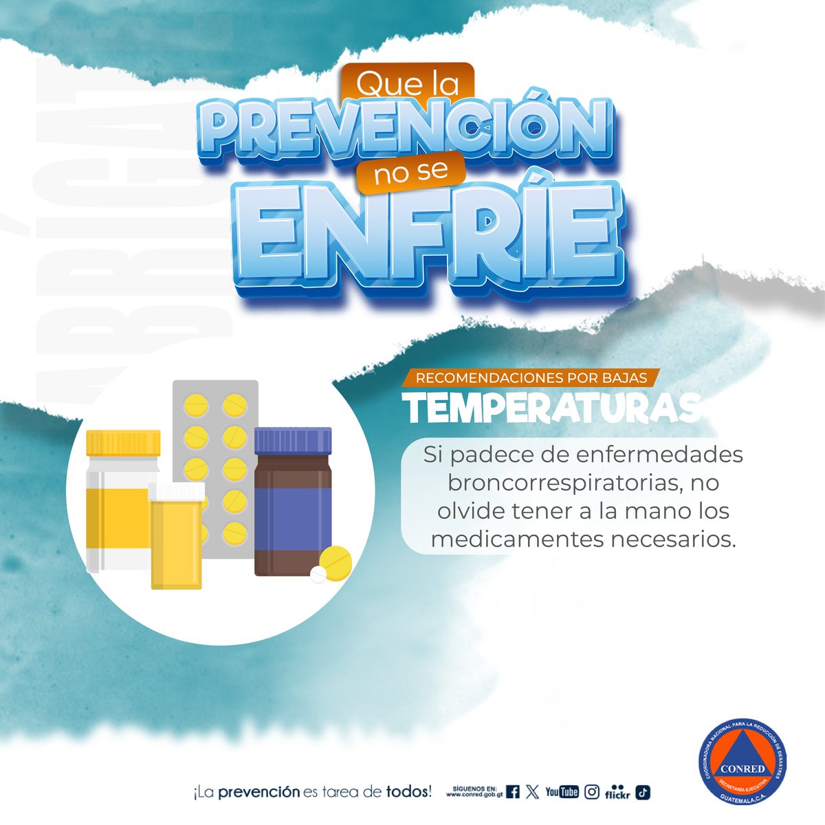 ConredGuatemala's tweet photo. El descenso de temperatura puede aumentar el riesgo de resfriados y enfermedades respiratorias. Abríguese bien y en caso de síntomas como tos o fiebre visite el centro de salud más cercano. https://t.co/ZCqFj3m0yZ