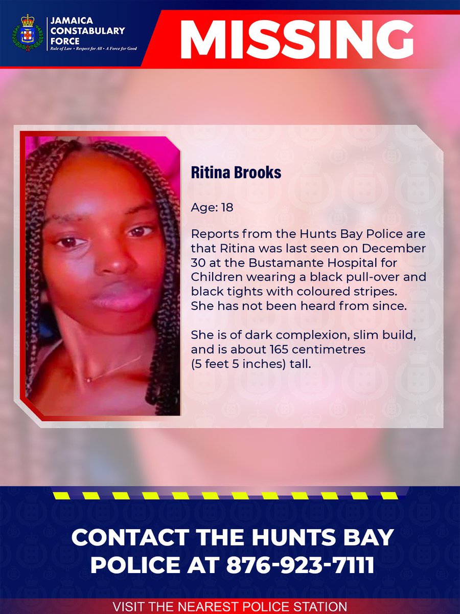 JamaicaConstab's tweet image. Help us locate missing Ritina Brooks. If you know her whereabouts, please call the Hunts Bay Police or the nearest police station. 

#Missing