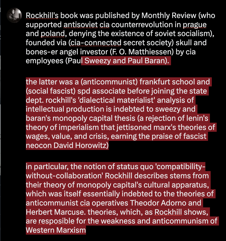 teethgnashing's tweet photo. textbook controlled opposition 👇

Rockhill's benefactor/partner John Bellamy Foster promotes Rockhill to serve MR's promulgation of the anticommunist/anti-Marxist-Leninist (CIA-Western Marxist) Baran-Sweezy thesis of Monopoly Capital... 
who paid the piper indeed 🤔🤔 https://t.co/dn9l4JMK1P