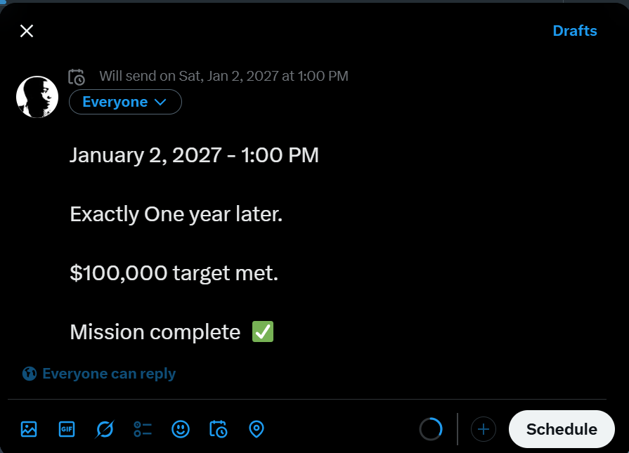 Trader_Charles_'s tweet photo. It's 5 years since I first hit the execution button.

Today, I’m stepping off X.

Right now, I have just over $1,000 in total equity.

I’m challenging myself to return by this time next year with at least $100,000 in profit.

The scheduled tweet only posts if I succeed.

End!! 🤝 https://t.co/V8WpF2KEHI