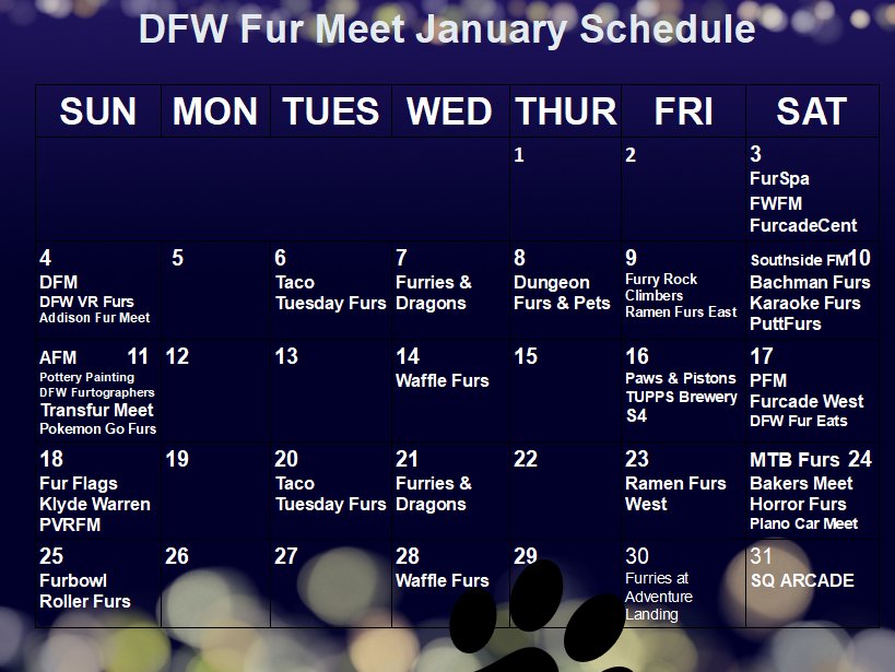 DFWFurs's tweet image. The January furmeet calendar is here #DFWFurs!

Please refer to the key to see organizers, locations, and requirements to attend for each meet! ❤️🐾