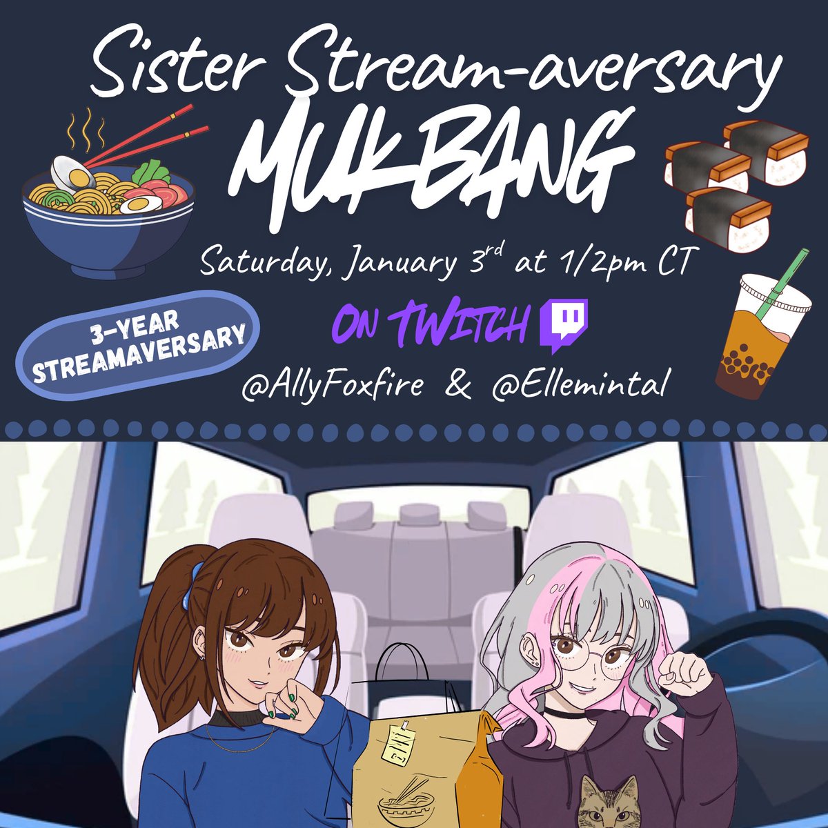 This Saturday <a href="/Ellemintal/">Ellemintal</a> and I will be celebrating our 3-Year Streamaversary with a Mukbang stream! Don’t miss the yums and yaps 🍜🍛🧋

twitch.tv/allyfoxfire
twitch.tv/ellemintal

#mukbang #twitchtv