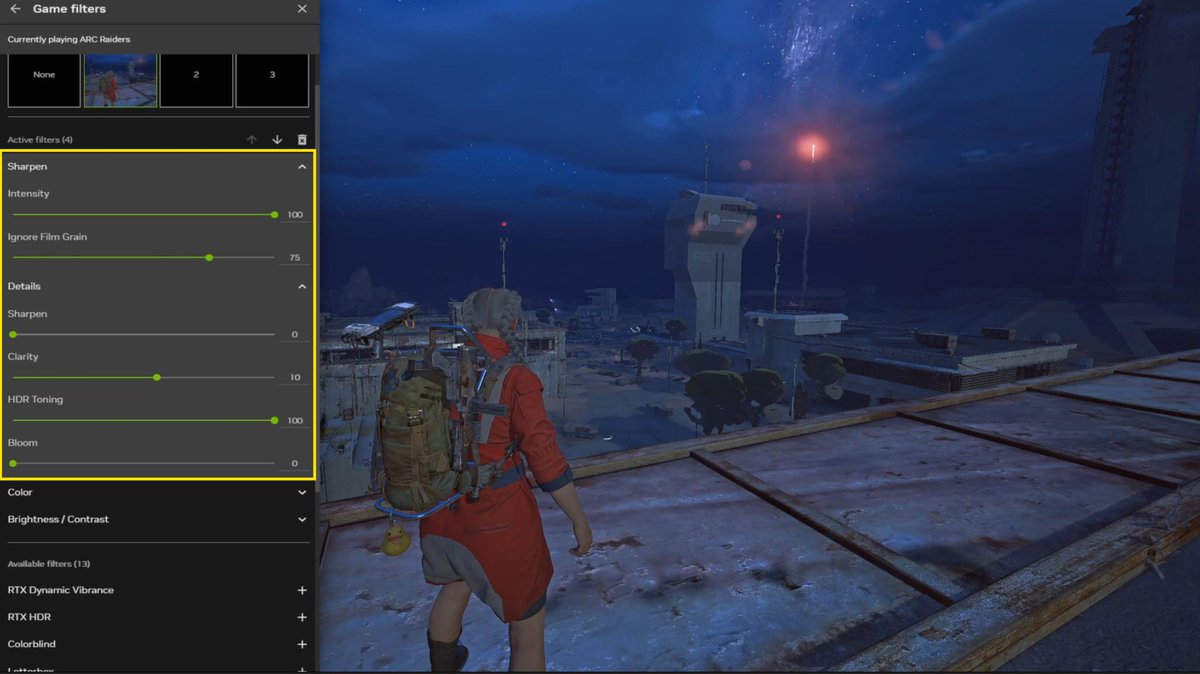 ❌ Nvidia Game Filters for ARC Raiders have been disabled.

Sweaty players were using it to gain a significant visibility advantage.

They’d turn night into day, like this: