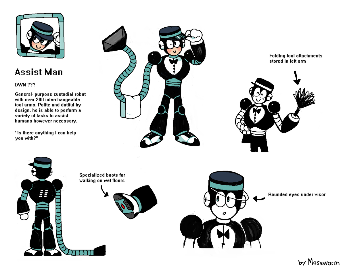 itsmossworm's tweet photo. Here is my entry for the Robot Master Design Contest: Assist Man! I'm honored to be able to participate in one of these contests, thank you all for setting this up! #MegaManDO #DesignARobotMaster https://t.co/konL95KWuc