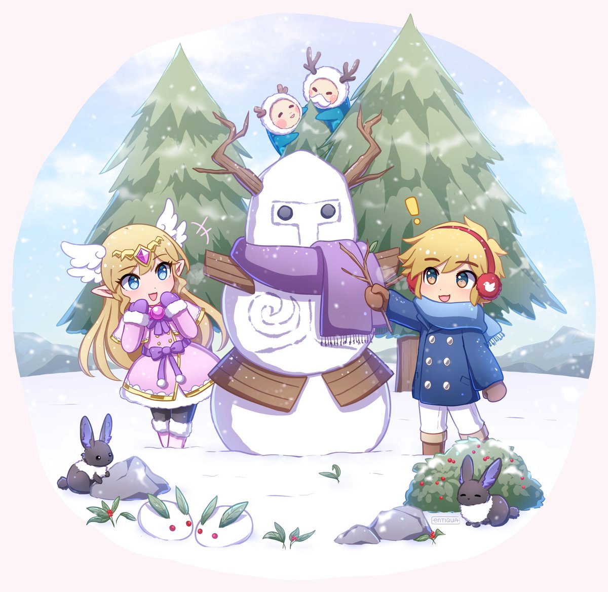 entiqua's tweet image. spirit tracks link and zelda chilling in the snow realm ☃️