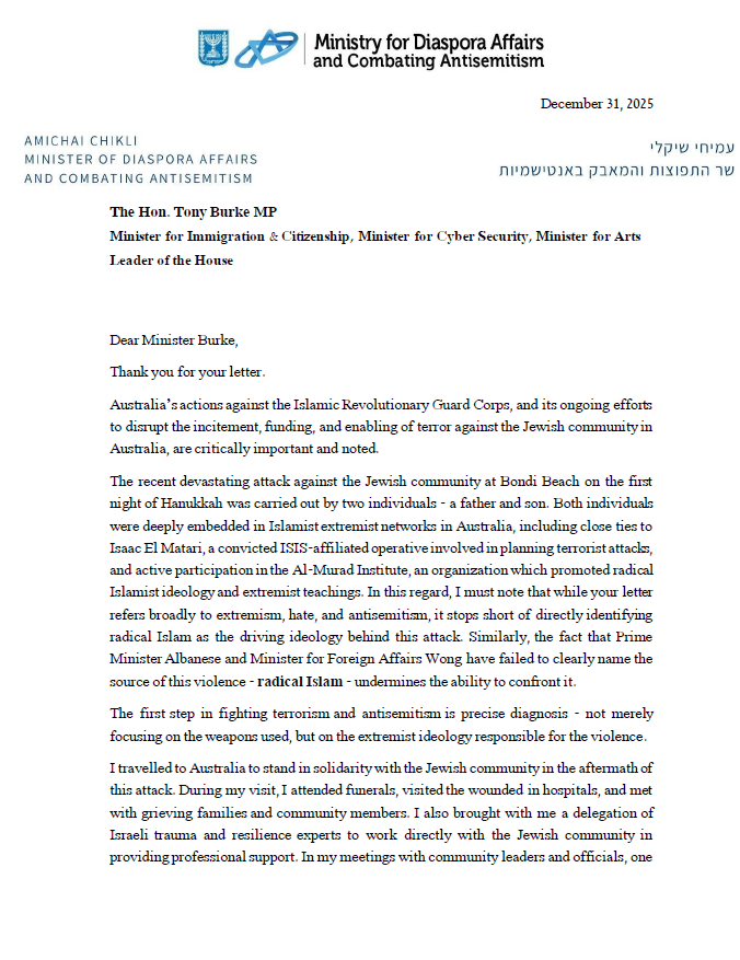 AustralianJA's tweet image. MAJOR - ISRAEL'S MINISTER FOR DIASPORA AMICHAI CHIKLI WRITES TO TONY BURKE

-"Israel stands ready and willing to assist Australia at this critical juncture. We bring extensive experience in combating radical Islamic terrorism and antisemitism"

- The fact that Prime Minister…