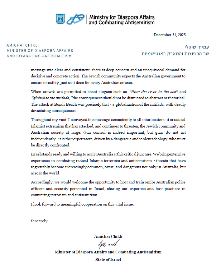 AustralianJA's tweet image. MAJOR - ISRAEL'S MINISTER FOR DIASPORA AMICHAI CHIKLI WRITES TO TONY BURKE

-"Israel stands ready and willing to assist Australia at this critical juncture. We bring extensive experience in combating radical Islamic terrorism and antisemitism"

- The fact that Prime Minister…
