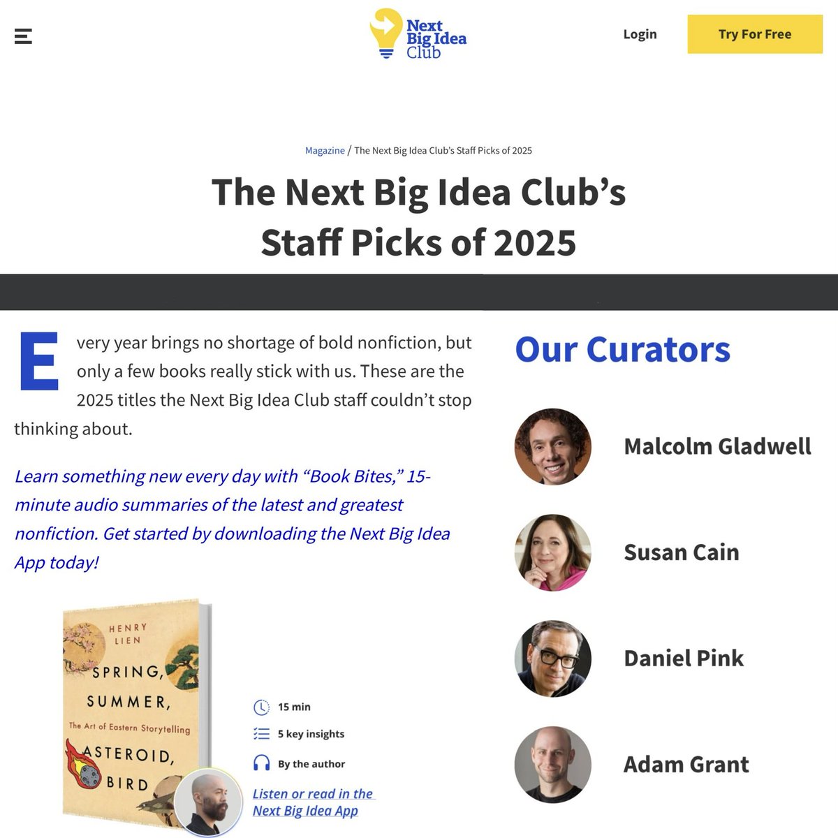 HAPPY NEW YEAR NEWS
Oh, hey, that’s nifty. <a href="/NextBigIdeaClub/">Next Big Idea Club</a> just selected #SpringSummerAsteroidBird (<a href="/wwnorton/">W. W. Norton & Company</a>) as one of its six pix of 2025. nextbigideaclub.com/magazine/next-…
Love,
Henry