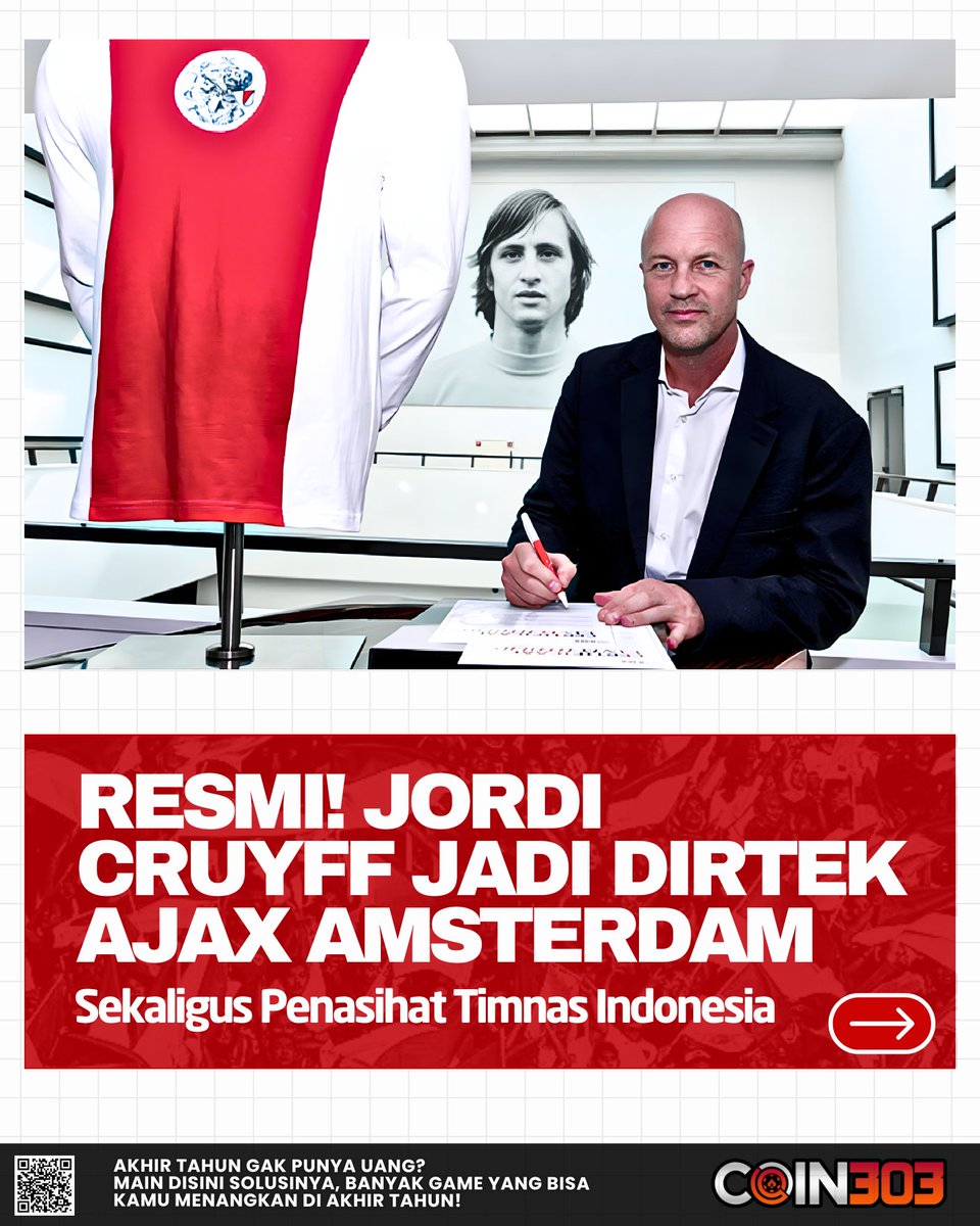 Ofc_Coin303's tweet photo. Jordi Cruyff telah setuju secara lisan untuk menjadi direktur teknik baru di Ajax. Kontrak dua setengah tahun, akan segera diselesaikan seperti yang dilaporkan Telegraaf.

Mantan direktur Barça tersebut, juga akan tetap menjadi penasehat teknis Timnas Indonesia.

#Timnasindonesia #pssi #johancruyff #ajax #seputarbola #coin303 #koin303