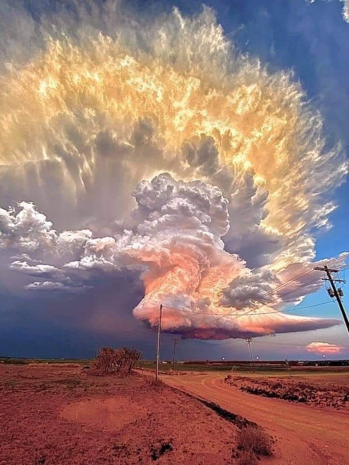 JamesLucasIT's tweet image. West Texas storm chaser Laura Rowe captured the picture of a lifetime, a fantastic shot of a mature supercell thunderstorm illuminated at varying heights by the setting sun.
