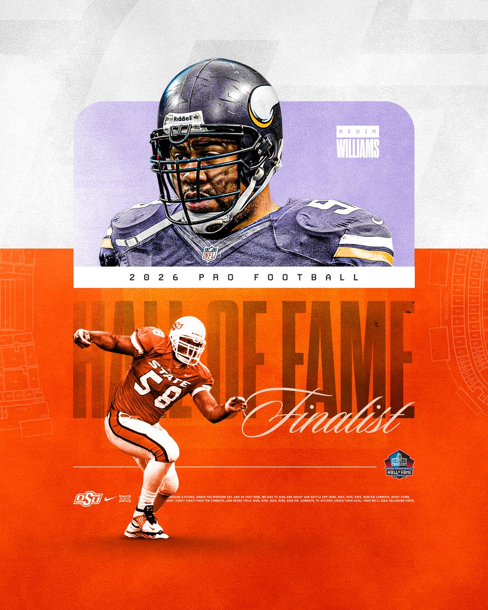 𝐇𝐚𝐥𝐥 𝐨𝐟 𝐅𝐚𝐦𝐞 𝐅𝐢𝐧𝐚𝐥𝐢𝐬𝐭

Kevin Williams has been named a finalist for the NFL Hall of Fame 🤠

He played 1️⃣1️⃣ seasons with the Vikings and finished his career with 6️⃣3️⃣ sacks, 5️⃣ ints &amp; 1️⃣3️⃣ fumble recoveries. 

He played at Oklahoma State from 1999-2002.