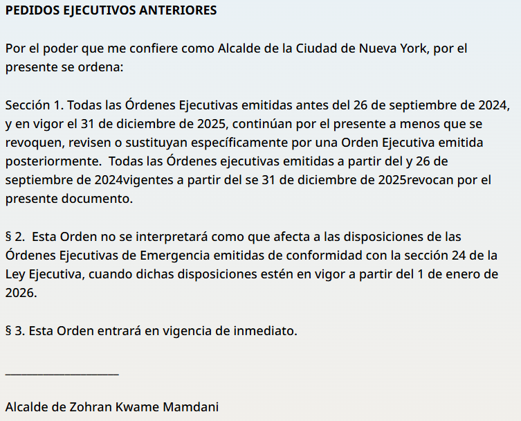 Zohran Mamdani acaba de firmar su primera orden ejecutiva.

Esta orden elimina todas las órdenes del antiguo alcalde Eric Adams posterior a su imputación:

Entre las órdenes más importantes derogadas:

1. La prohibición de manifestaciones propalestina. Order 61

2. Las sanciones
