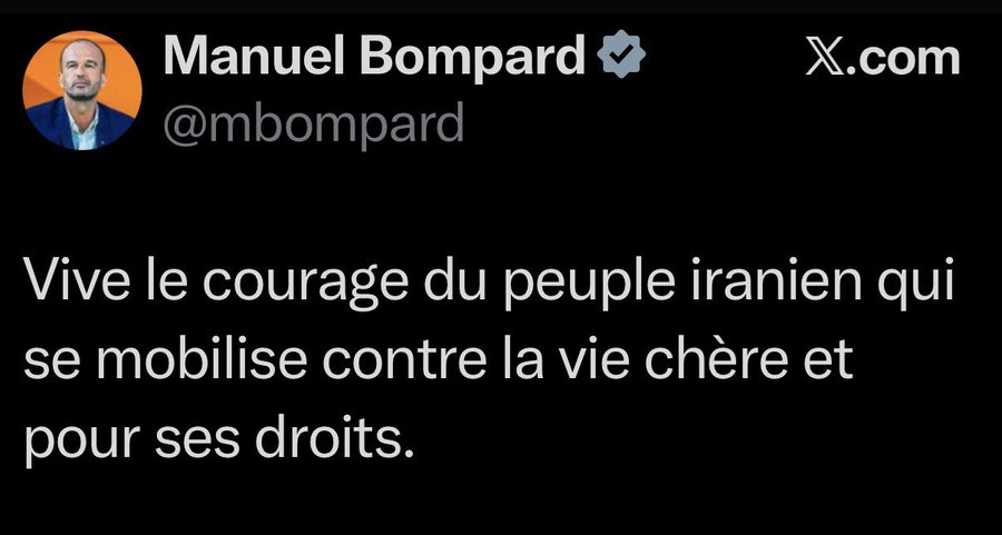 Les Iraniens, et surtout les Iraniennes, vivent dans une véritable dictature depuis des années mais tu lis Bompard, t'as l'impression qu'il parle des mecs de Sud Rail quand ils veulent des nouvelles touillettes à café.