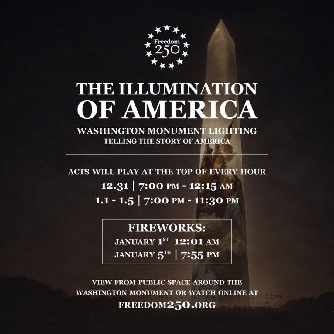 Tonight at 7 PM ET: Don’t miss the story of America illuminating the Washington Monument.

Watch live on the National Mall or stream it at freedom250.org.