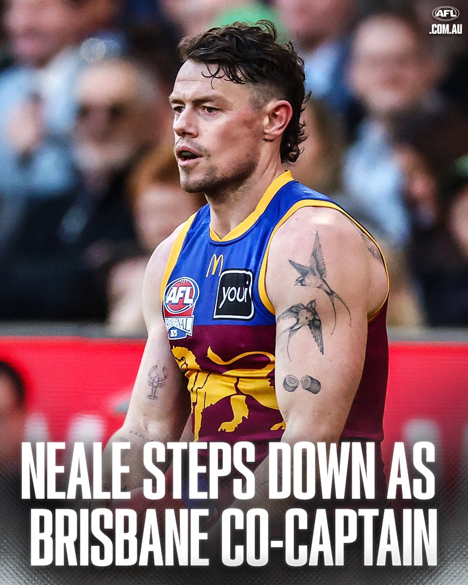AFL's tweet photo. Brisbane has confirmed Lachie Neale has stepped down as co-captain after three seasons in the role. https://t.co/cybMP4qEtr