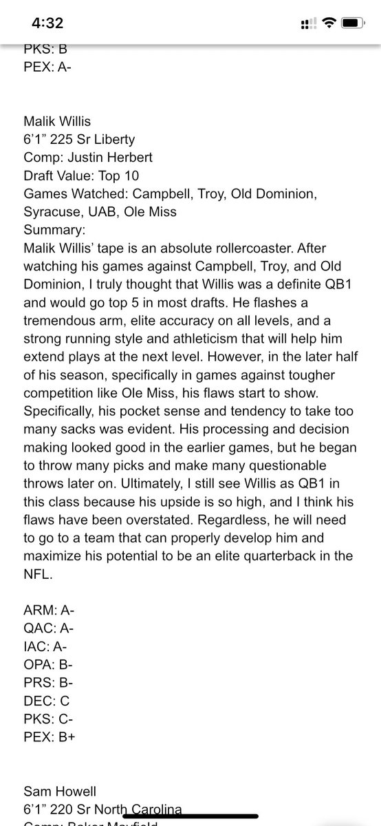 Was digging into the archives and found my 2022 QB draft class notes when I was in my wannabe NFL scout arc. Don’t know what I was cooking with some of the takes here but I did have Malik Willis as a top 10 pick and he ended up going in the 3rd round. Never wrong just early?