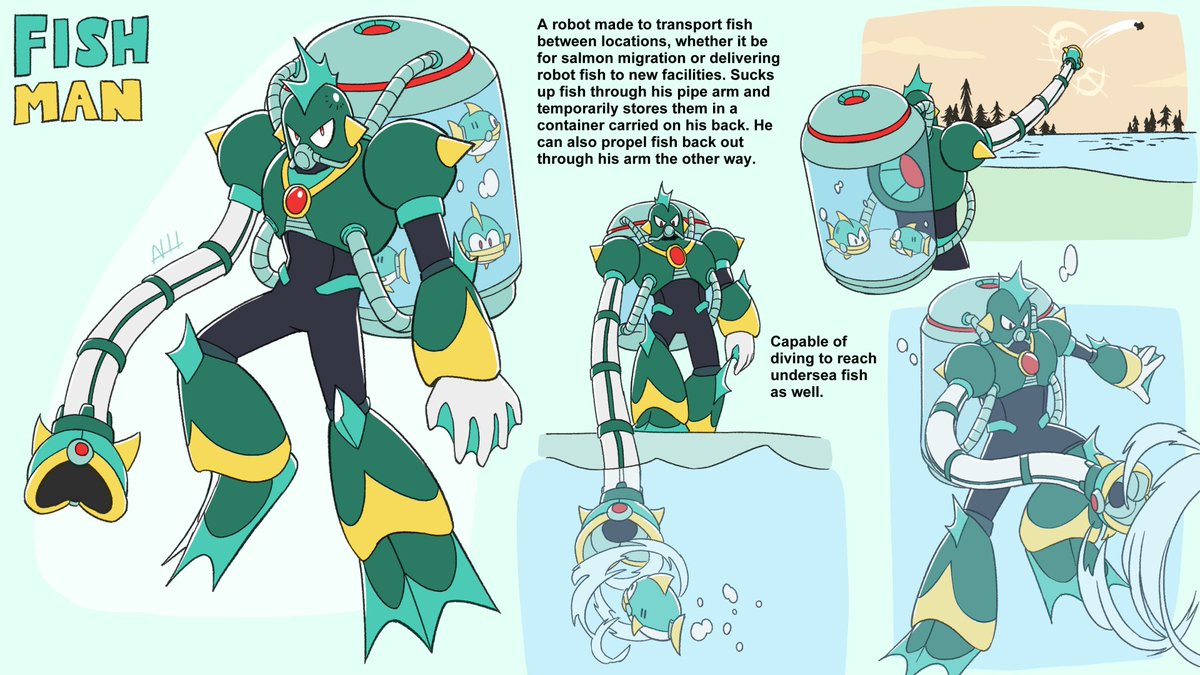 Entry Category: Robot Master Design #MegaManDO #DesignARobotMaster Title:  Fish Man Introduction: A robot made to help aid in fish transportation for  means of migration, relocation, etc. Pen Name: Virt