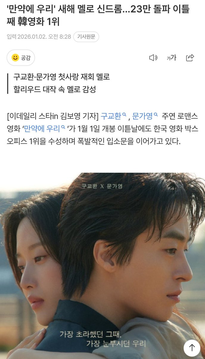 moonliebe_'s tweet photo. Once We Were Us has surpassed 230,000 viewers in just 2 days since its release, securing the TOP position among Korean movies at the box office.

It continues to receive strong audience support, reflected in its 98% Golden Egg score and 9.54 rating on Naver.

추카추카!! 👏🏻 https://t.co/7dg29aUj6A