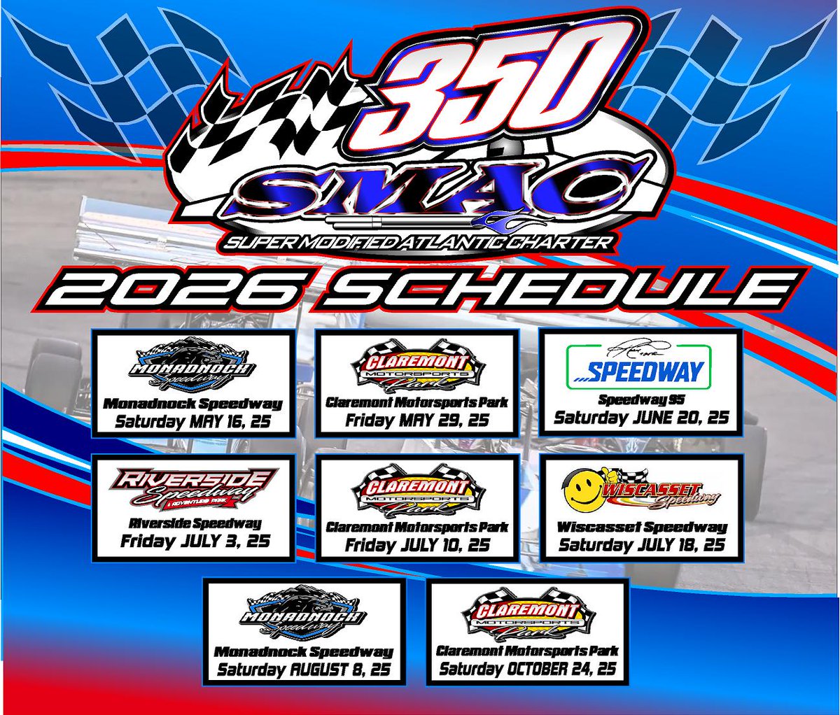 🏁350 SMAC has released its 2026 schedule!

Eight points-paying events across five tracks and four states highlight our eighth season, including a NEW stop at Speedway 95 and the return to Riverside Speedway &amp; Adventure Park.

📎 Full details:
 facebook.com/photo/?fbid=14…