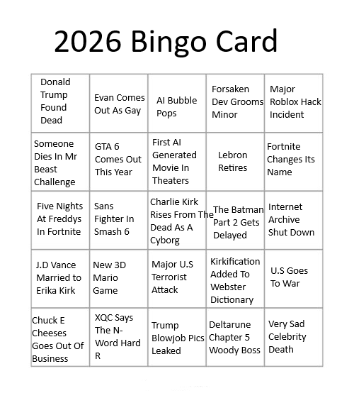 2026 Prediction Bingo. Will update when something comes true.