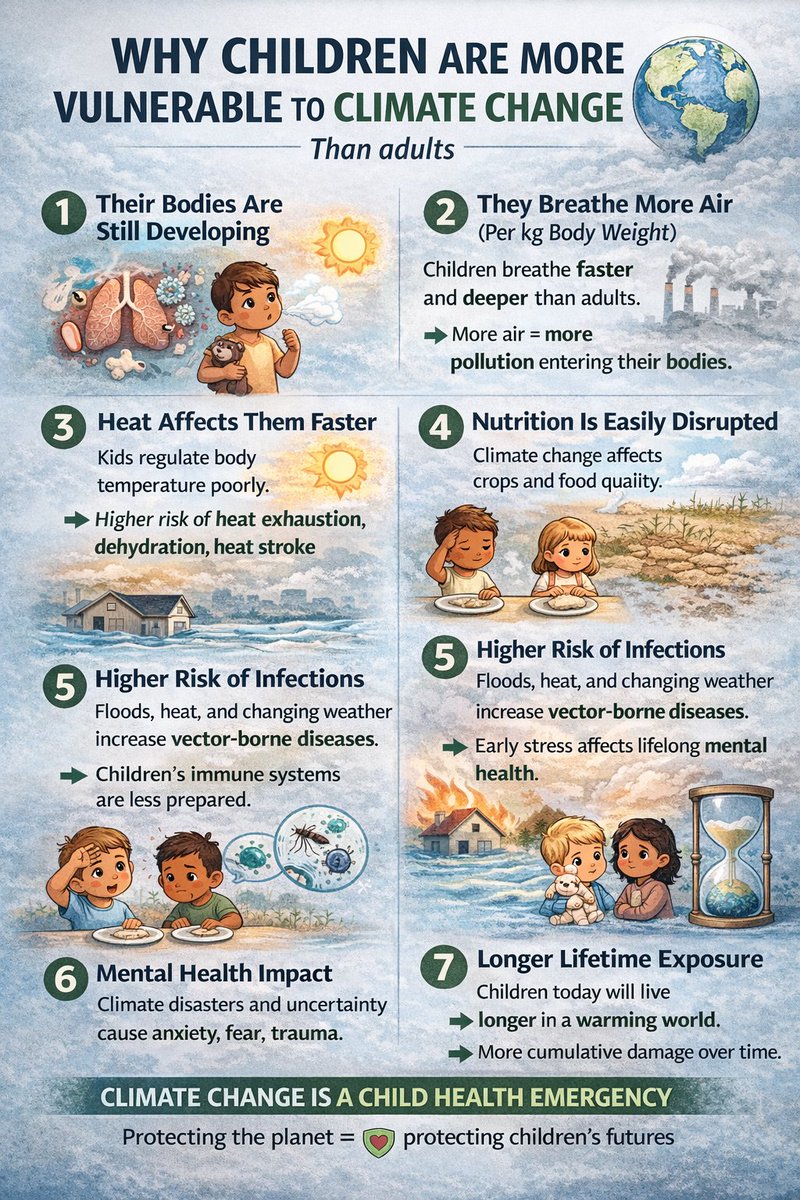 Earthwisedoc's tweet photo. Children are more vulnerable to climate change than adults. 🌍👶
Their bodies and brains are still developing, they breathe more air per kg, heat affects them faster, and they’ll live longer with the impacts. https://t.co/wkqody1I7S
