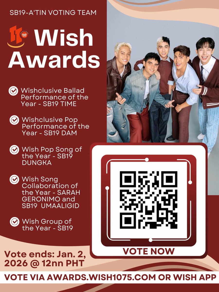 Last day of voting on Wish, please vote more for today. 🙏

🔗 awards.wish1075.com

#SB19 <a href="/SB19Official/">SB19 Official</a>