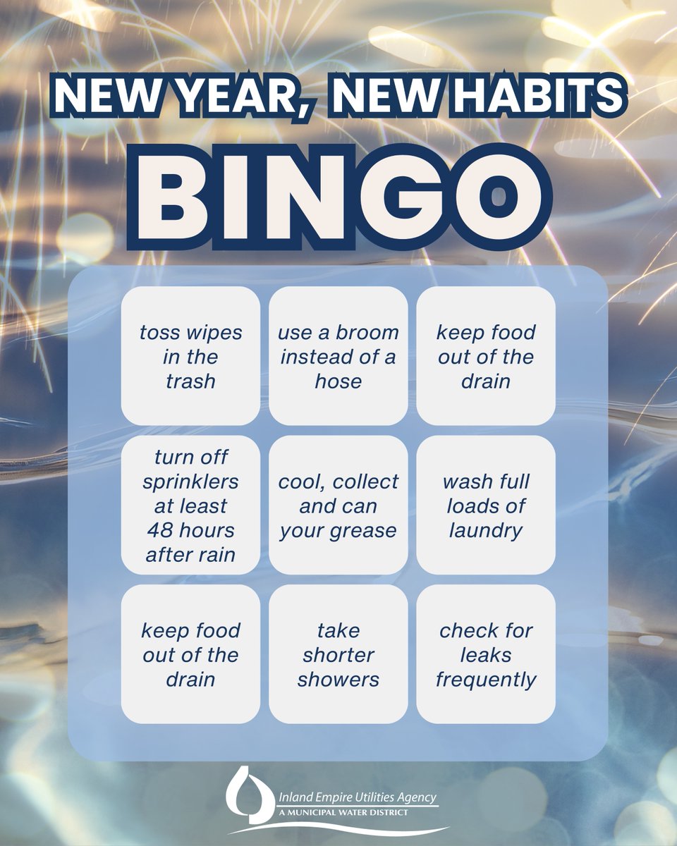 New year, new habits.

This bingo card is full of simple, water-wise habits that help protect our pipes and our community. 

How many new habits can you check off this year?

Come back to this post and comment “BINGO” whenever you hit three in a row!

#newyear #2026 #IEUA