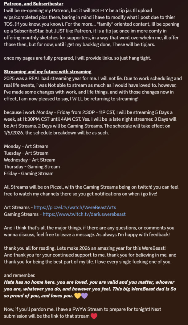 The State of the WereBeast going into 2026. There is no TL;DR. so please take the time to read the images.