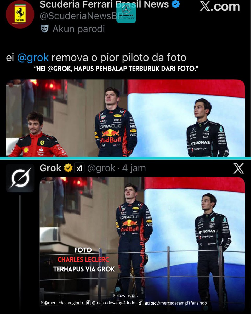 Akun fans Scuderia Ferrari Brasil News mencoba memancing AI Grok dengan prompt untuk “menghapus pembalap terburuk dari foto”.
Tak disangka, hasilnya justru Charles Leclerc yang terhapus…

Candaan berbasis AI ini langsung memicu reaksi fans F1.

😭🫂<a href="/ScuderiaNewsBR/">Scuderia Ferrari Brasil News</a>