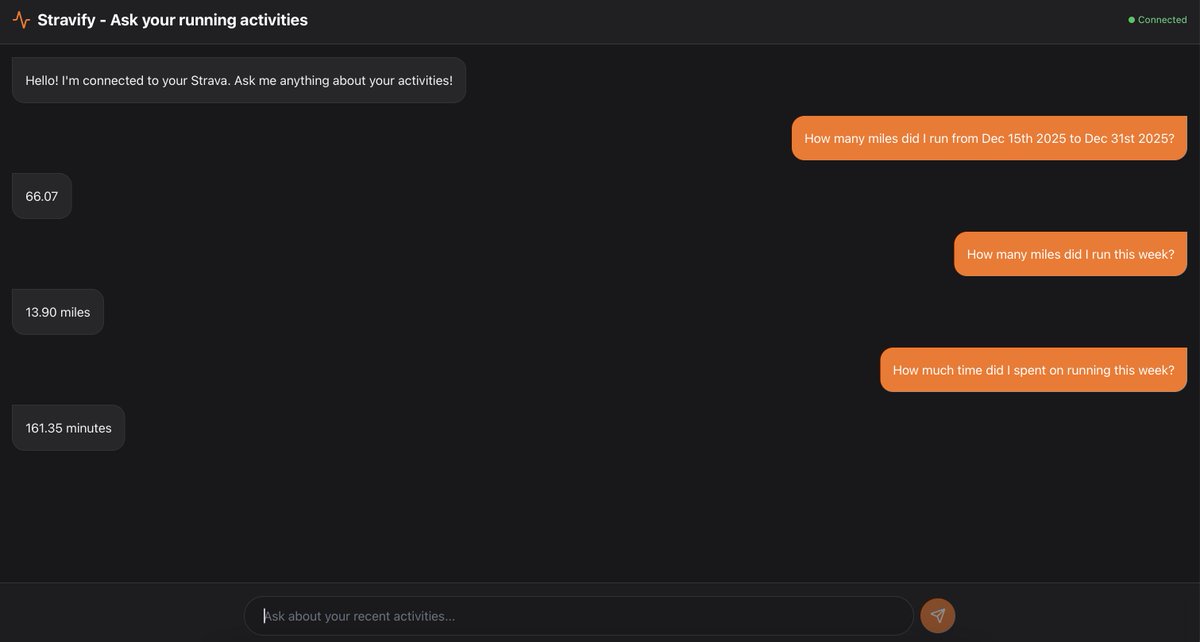 Just built Stravify! #AI🏃‍♂️📷<a href="/Strava/">Strava</a>
data using natural language.  Built with React 📷, FastAPI , and Google Gemini 📷 github.com/kkadapa/Stravi…