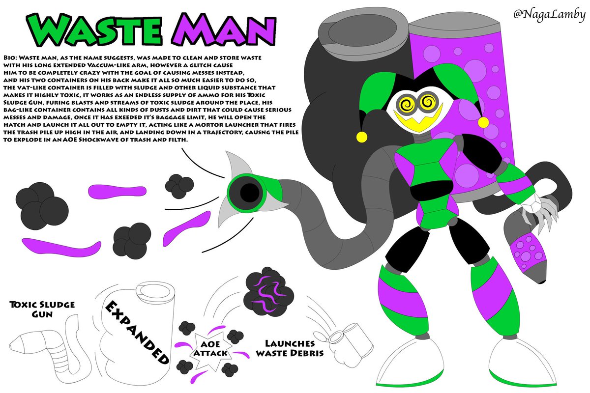 MajevilMalstar's tweet photo. @MegaMan
My submission for the Robot Master Design Contest, I present to you, Waste Man, the toxic waste Robot Master that stands in Mega Man’s way, and if given a chance, he’ll be quite a challenging foe for Mega Man to face.
#MegaManDO #DesignARobotMaster https://t.co/SMYHUMfet7