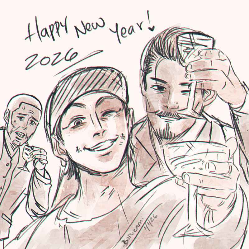 buruzami_buruz's tweet photo. Happy new year! 🥂💖明けましておめでとうございます！✨

#Sketch #ShiraishiYoshitake #GoldenKamuy #白石由竹 #ゴールデンカムイ #UsamiTokishige  #宇佐美時重 #TsurumiTokushirou  #鶴見篤四郎
(I obligated Shiraishi to celebrate with them, lol) https://t.co/vCgwwm8xSq