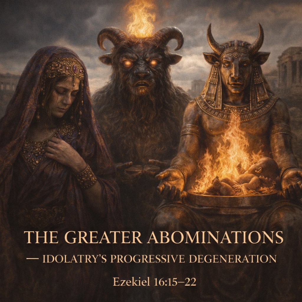 The Greater Abominations — Idolatry’s Progressive Degeneration

Ezekiel 16:15–22

Introduction

Ezekiel sixteen does not merely accuse Israel of idolatry. It traces its evolution. What God exposes in verses fifteen through twenty two is not a momentary lapse, not a psychological