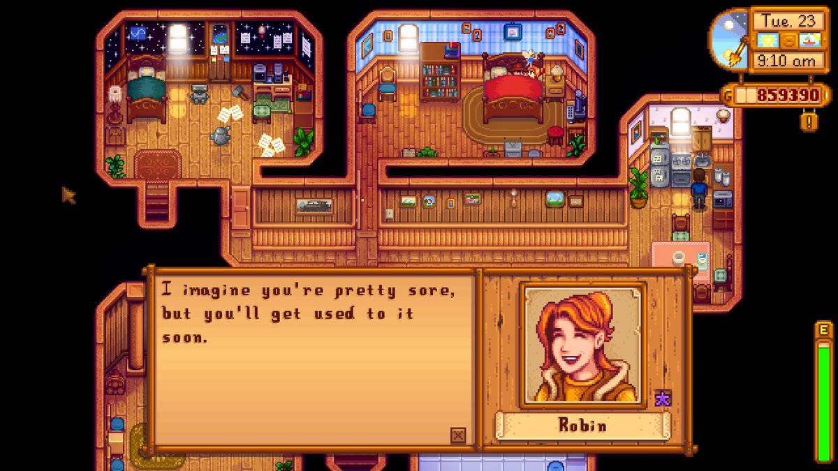 I think I need to remind Robin that her husband is in the kitchen and may hear us...

Stardew Valley  is such a great game, you can do so much!!
