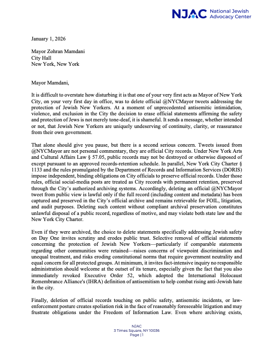 MarkGoldfeder's tweet image. Hard to overstate how disturbing it is that one of the first acts of the new @NYCMayor was to delete official tweets and EO's addressing the protection of Jewish New Yorkers. 
The letter we sent to @ZohranKMamdani, the DOI Commissioner, and the COIB Executive Director. 
Let's go.