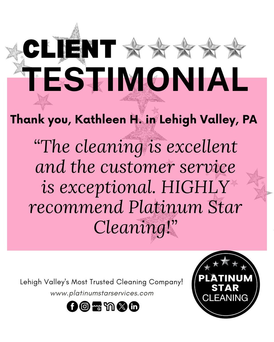 PStarService's tweet image. “The cleaning is excellent and the customer service is exceptional. HIGHLY recommend Platinum Star Cleaning!” ✨🙌
— Kathleen H., Lehigh Valley, PA 🏡🧼

Thank you for trusting Platinum Star Cleaning with your home✨⭐💖

🌐 platinumstarservices.com

#ClientLove  #FiveStarService