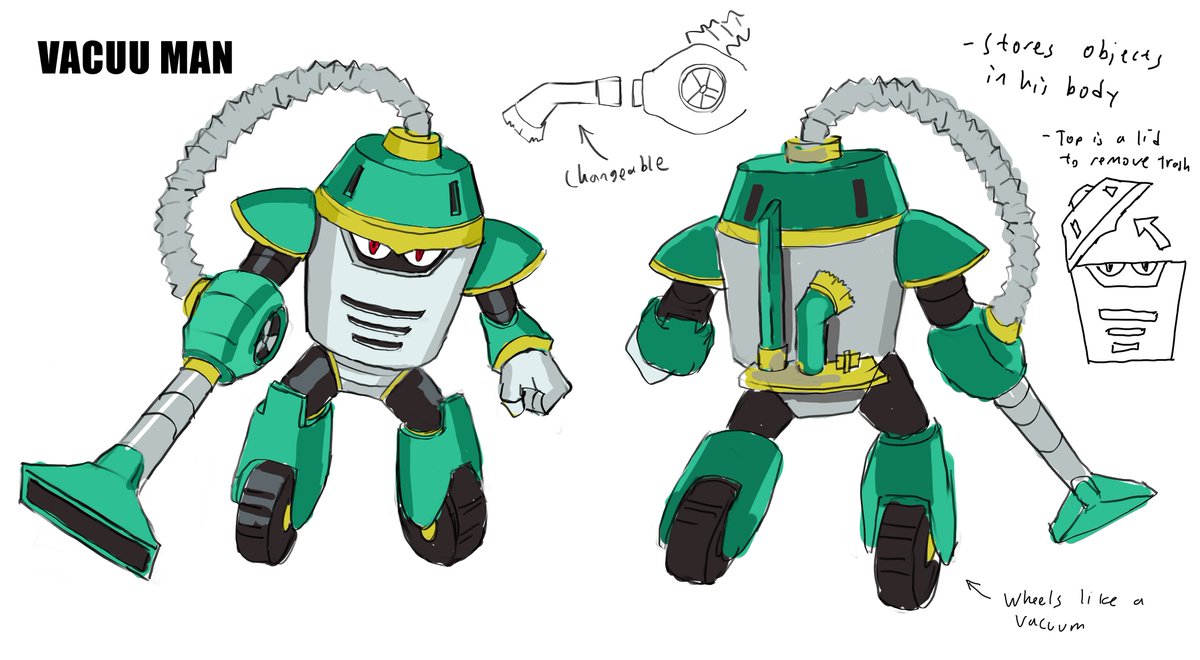 My Robot Master Design: VACUU MAN

A cleaning robot with the ability to switch nozzles to fight Mega Man! He has great mobility as his wheels allow him to quickly vacuum his enemies!

Designer: YanManXplore

#MegaManDO #DesignARobotMaster