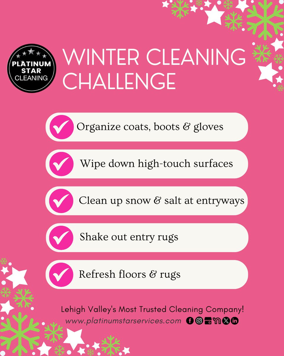 PStarService's tweet image. ❄️ Winter Cleaning Challenge ❄️

A little winter reset goes a long way! Need help keeping your home clean and cozy all season? 🏡❄️

💖 Lehigh Valley’s Most Trusted Cleaning Company 💖
🌐 platinumstarservices.com
📅 Book your cleaning today

#WinterCleaningChallenge