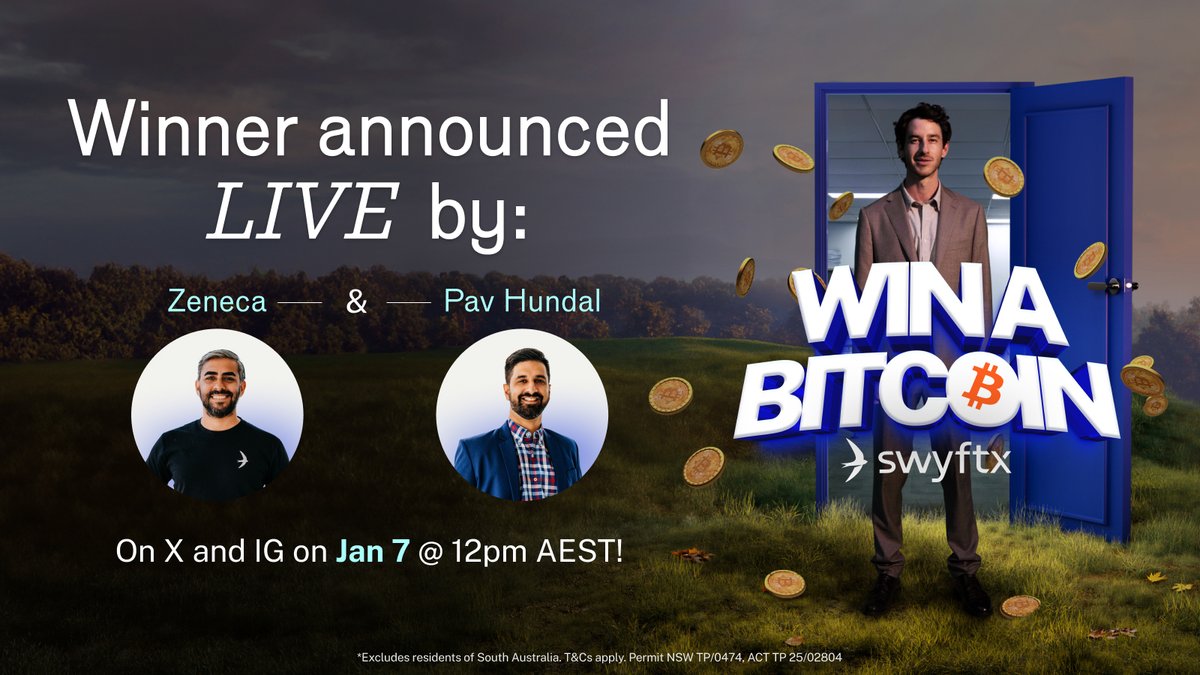 SwyftxGlobal's tweet photo. Our "Where Can Crypto Take You" Bitcoin and weekly crypto giveaway is coming to a close! 🏁

Mark your calendars! Special guest @Zeneca and Swyftx's @pavhundal will be announcing the grand prize winner LIVE on X next Wednesday, January 7th @ 12 pm AEST 📅

With just over 72 hours left to enter the draw make sure to opt in to Swyftx Rewards, buy, sell, or swap $30 AUD and submit your entry.

Find out where crypto can take you: https://t.co/Ze0zFfwdQt
T&Cs: https://t.co/5IEeAUmrMa