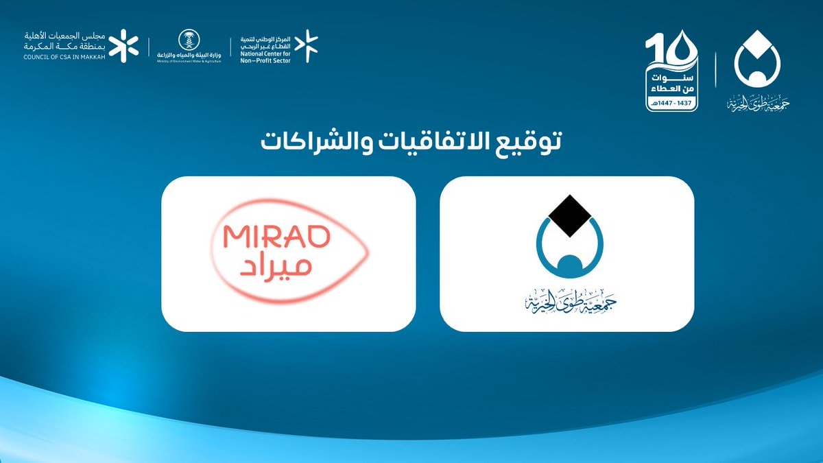 Towaaorg's tweet photo. #شراكة | 📝
وقعت ⁧#جمعية_طوى⁩ الخيرية بمنطقة مكة المكرمة مذكرة تعاون مع الشريك الإستراتيجي للجمعية شركة ميراد للمياه .
خلال احتفالها بمرور 10 سنوات على تأسيسها.

وتأتي هذه الشراكة ضمن استراتيجية الجمعية في بناء الشراكات الفاعلة لتوسيع نطاق خدماتها في خدمة ودعم المجتمع . https://t.co/7CNoSNBIEL
